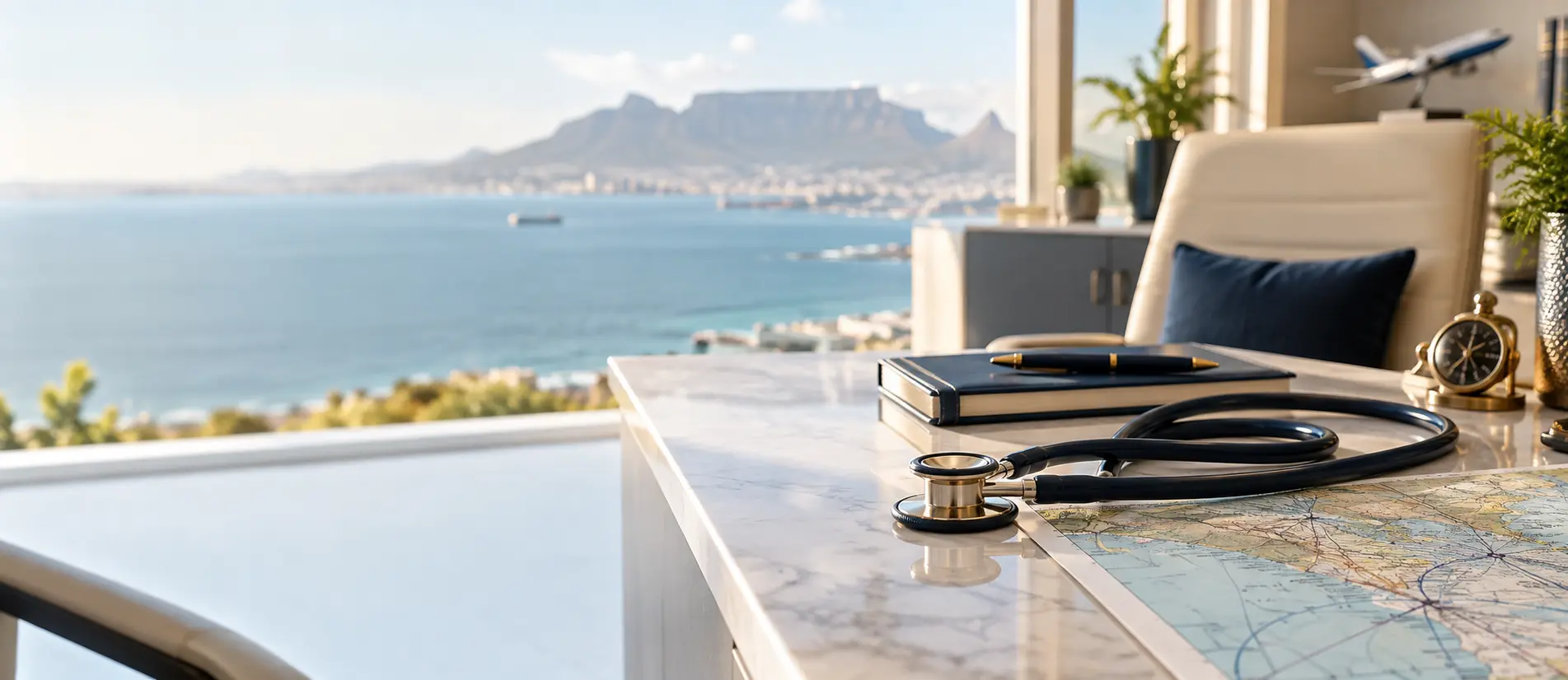 Stethoscope and aviation chart in a Cape Town consultation room