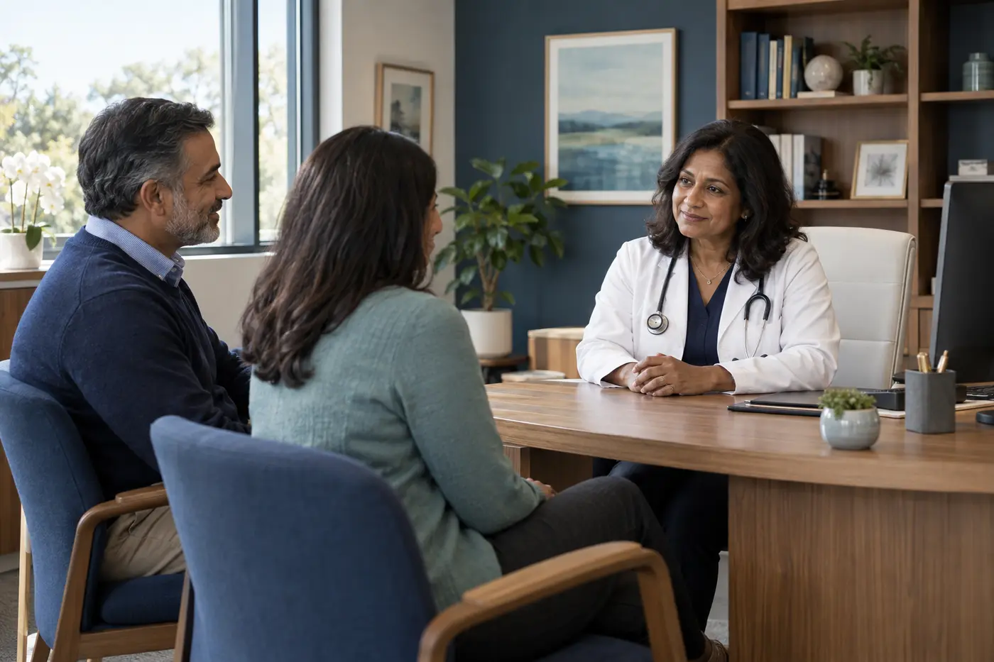 Illustrative concept of a doctor consulting with two adult patients