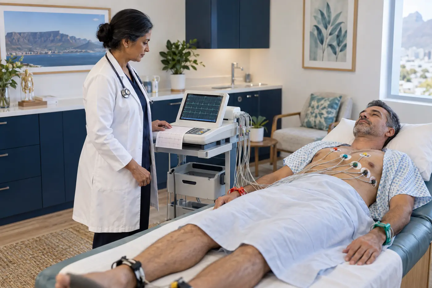 Illustrative concept of a doctor performing an ECG assessment with a patient