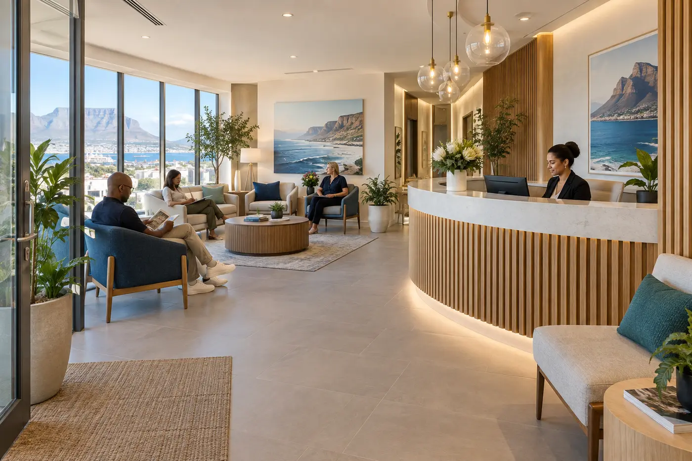 Illustrative concept of an elegant medical practice reception and waiting area